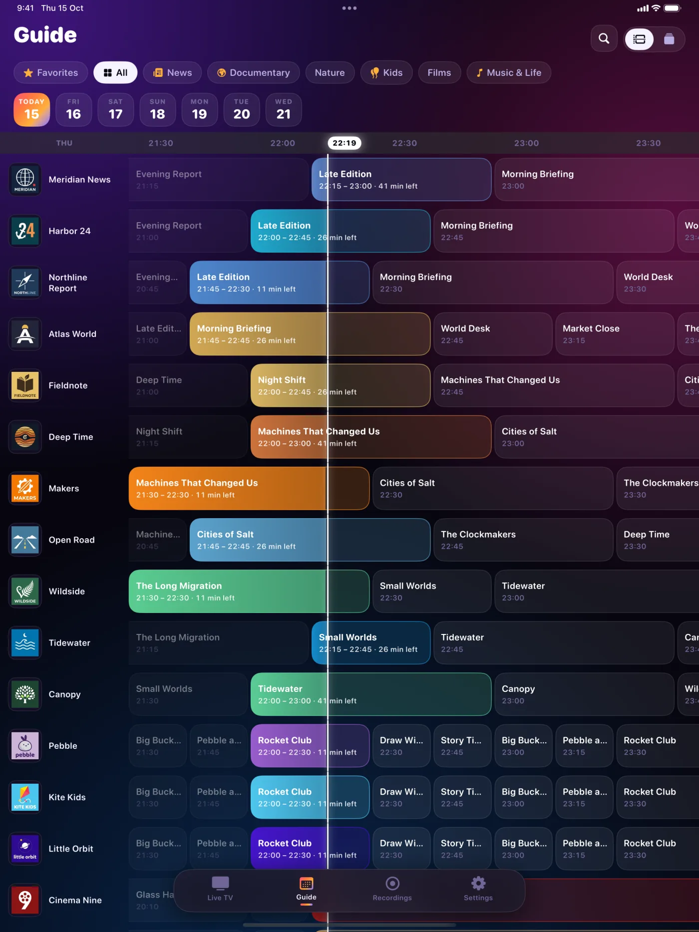 The TiviGrid guide on iPad, showing Demo channels in colour-coded rows