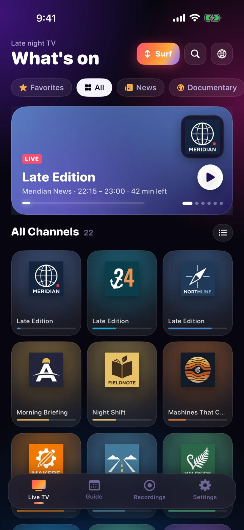 The Live TV screen with the Surf button